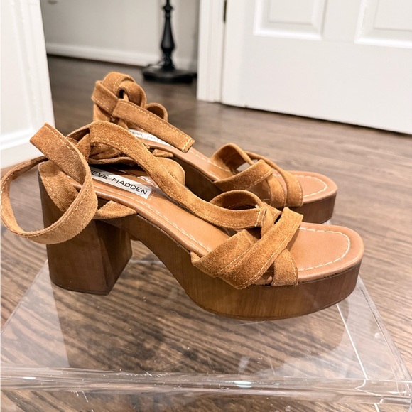 Steve Madden Ryder Tie-Up Suede Wooden Platform Sandals Brown Size 8 - Picture 6 of 10